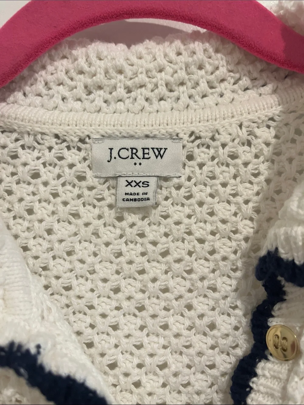 J. Crew White Knit Short-Sleeve Button Cardigan with Navy Trim